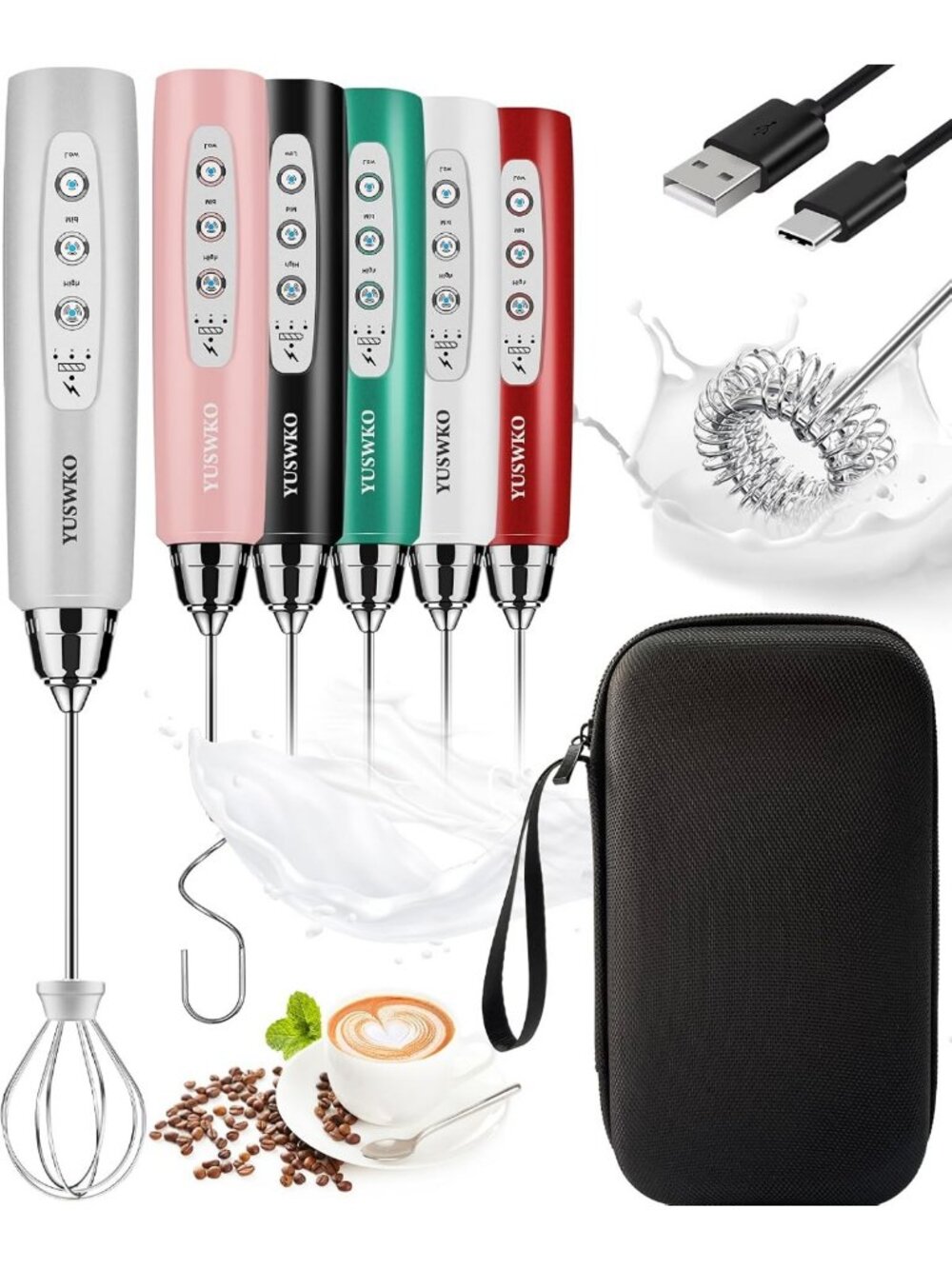 Rechargeable Handheld Milk Frother Wand - Electric Whisk for Coffee, Latte
